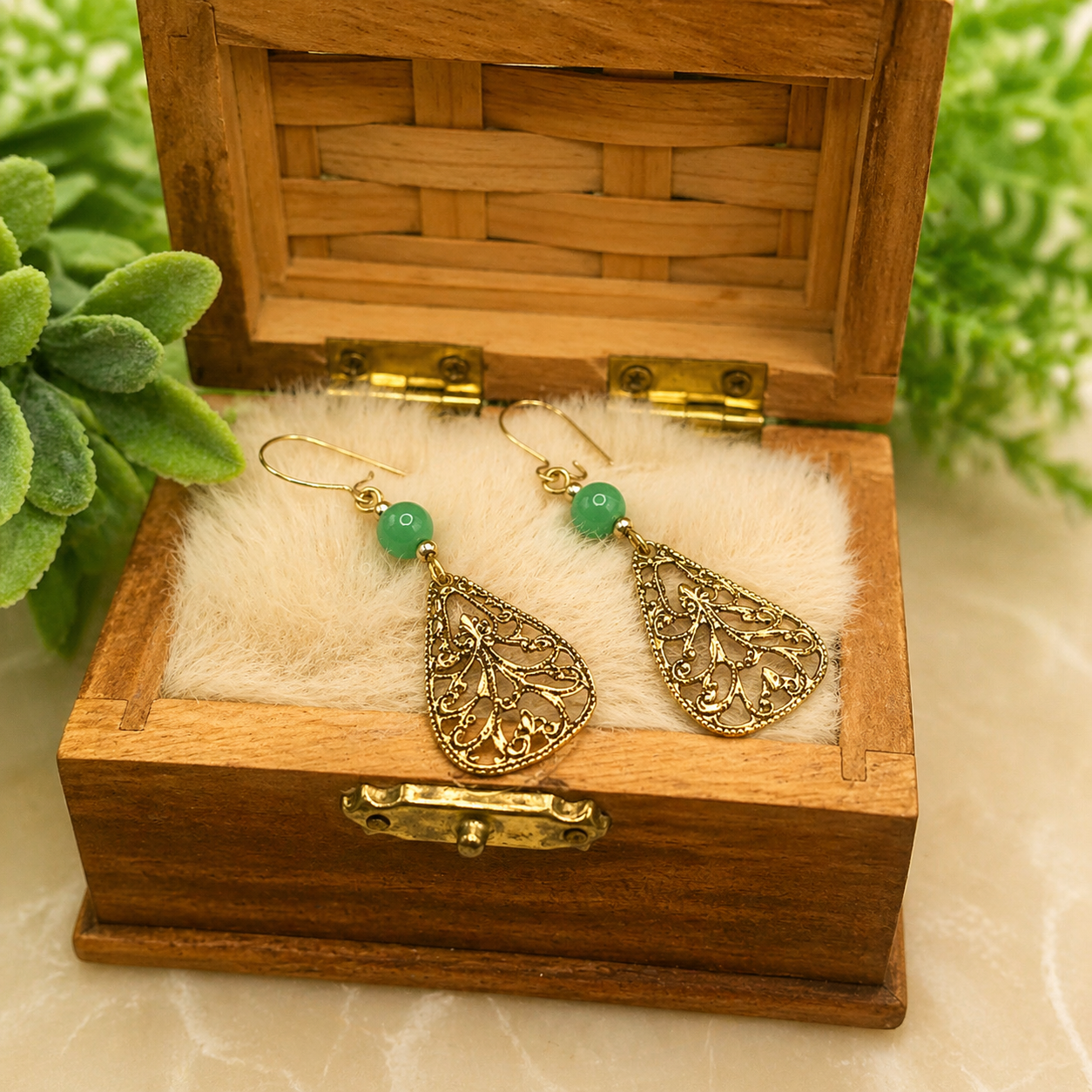 Gold Tone Filigree Design Green Glass Accent Dangle Earrings • Handmade Jewelry