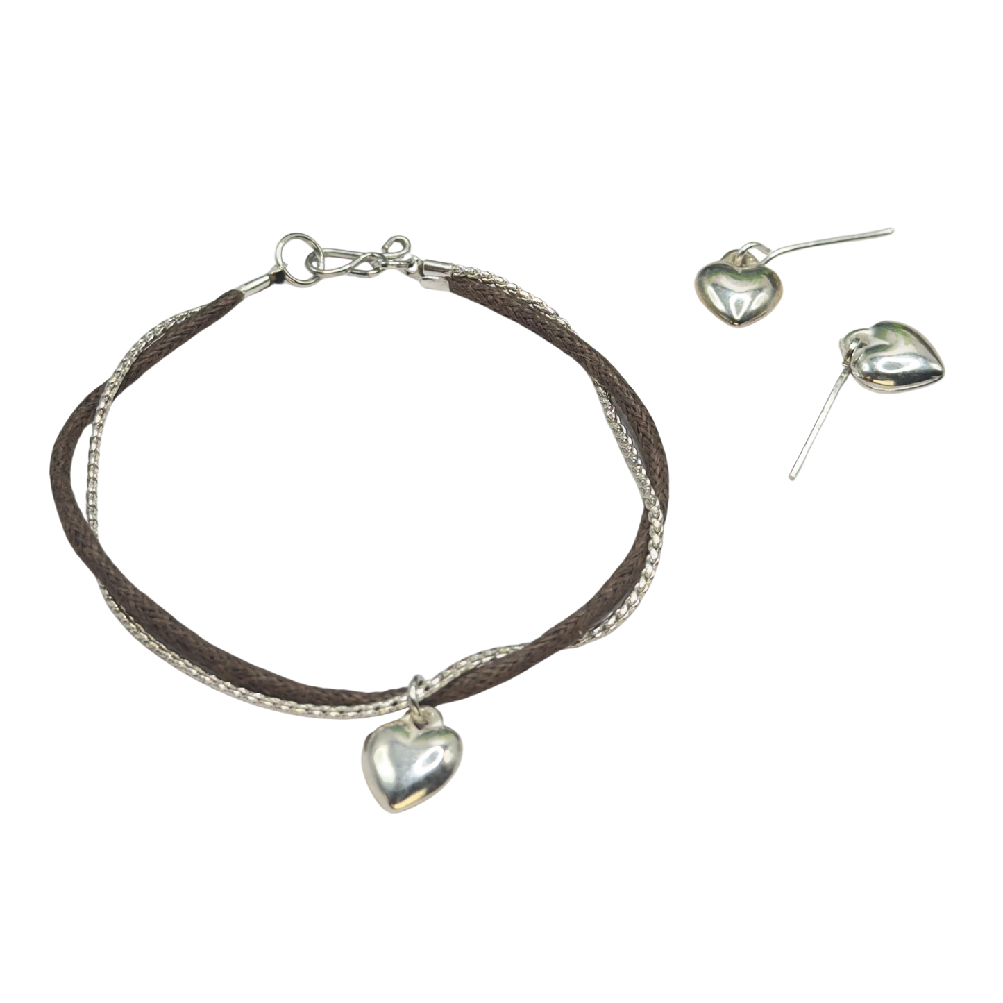 Dual Strand Brown Cord Silver Chain Heart Charm Doll Necklace & Earrings Set • 18 Inch Fashion Doll Jewelry