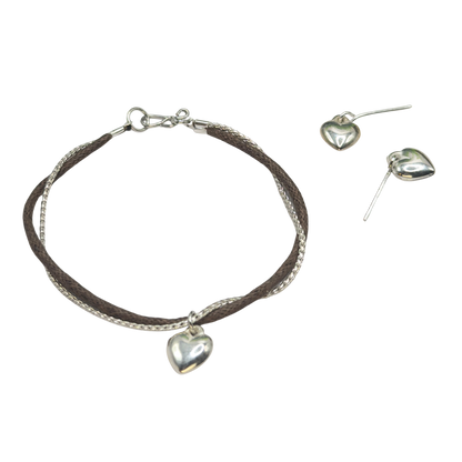 Dual Strand Brown Cord Silver Chain Heart Charm Doll Necklace & Earrings Set • 18 Inch Fashion Doll Jewelry
