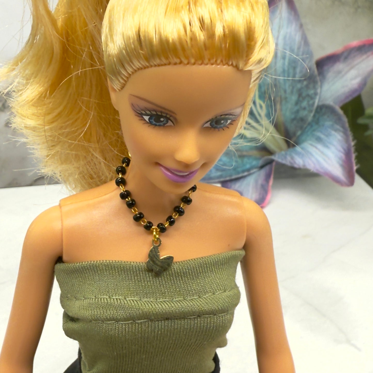 Black Beaded Gold Chain Butterfly Charm Doll Necklace • 10-12” 1:6 Fashion Doll Jewelry