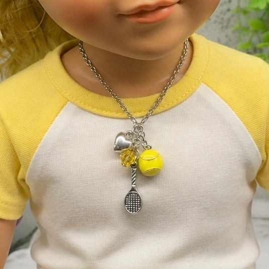 ✨Handmade Doll Jewelry Designed to Fit popular 18 Inch Fashion Dolls: add a stylish touch to your favorite doll!✨
Love Tennis Multi Charm Silver Doll Necklace
necklace shown on 18" My Life As doll 
Necklace chain measures 6.5 inches long