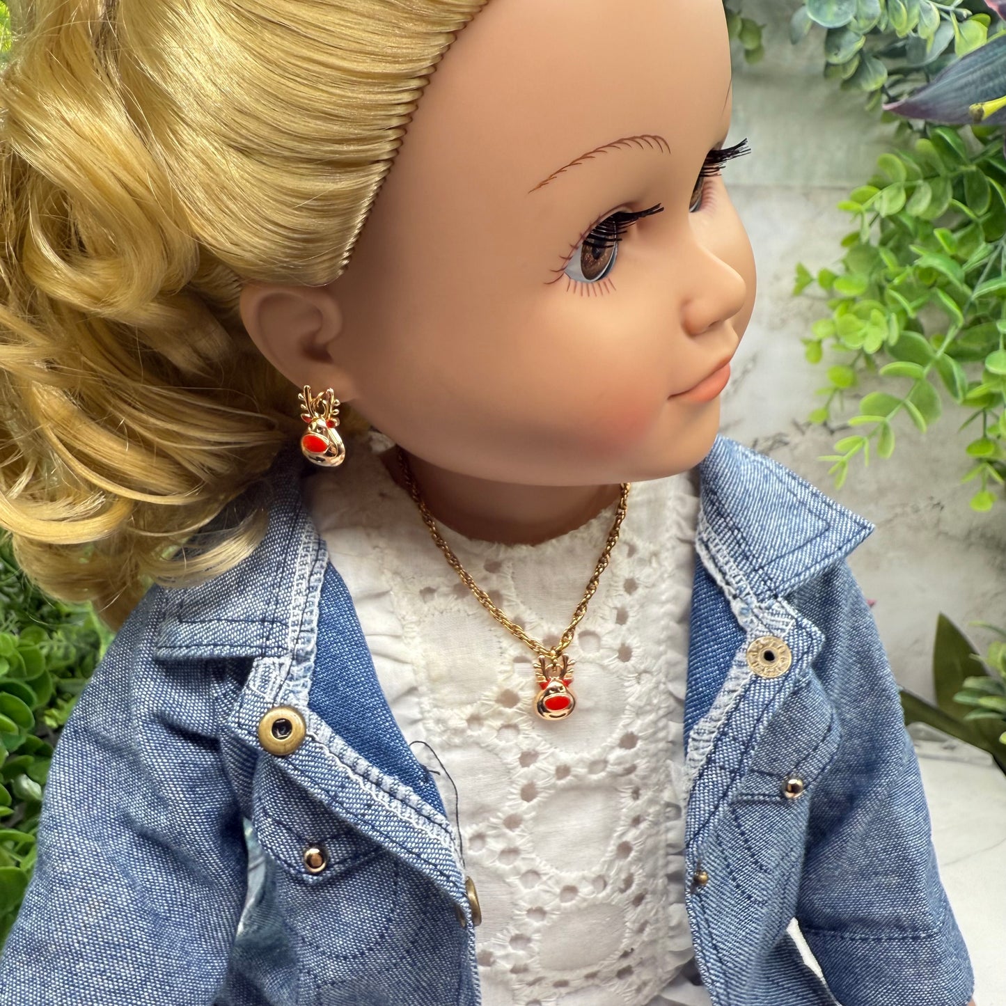 Copper Rose Gold Tone Rudolph Red Nose Reindeer Doll Necklace & Earrings Set • 18 Inch Fashion Doll Jewelry