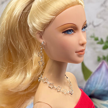 Open Work Silver Star Chain Doll Necklace & Earrings Set for 16 Inch Fashion Doll