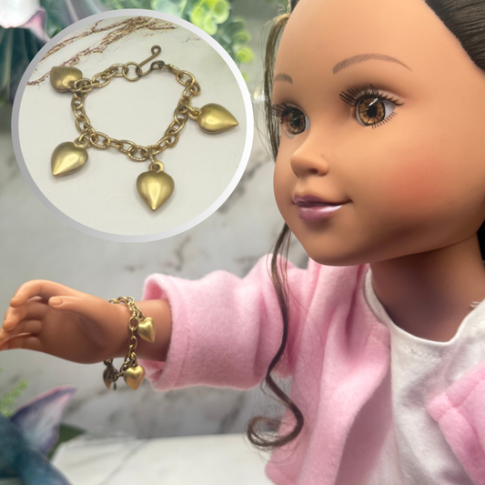 Gold Heart Dangle Charm Doll Bracelet • 18 Inch Fashion Doll Jewelry