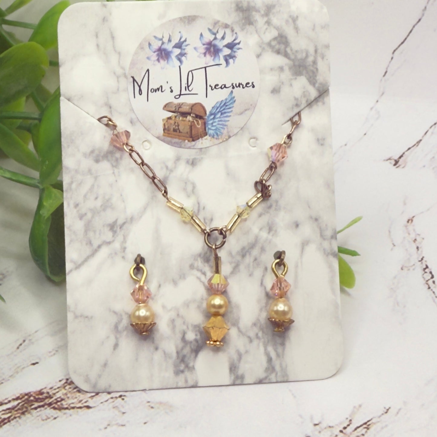 Pink Crystal Pearl Gold Y-Drop Doll Necklace & Earrings • 16 Inch Fashion Doll Jewelry