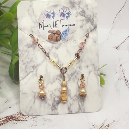 Pink Crystal Pearl Gold Y-Drop Doll Necklace & Earrings • 16 Inch Fashion Doll Jewelry