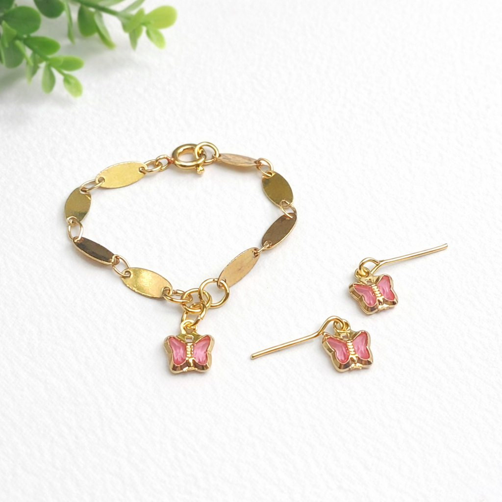 Pink Crystal Butterfly Charm Gold Oval Link Doll Necklace & Earrings • 14 Inch Fashion Doll Jewelry