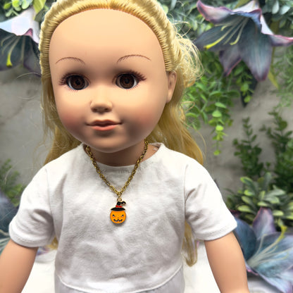Jack-O-Lantern Halloween Pumpkin Charm Gold Chain Doll Necklace • 18 Inch Fashion Doll Jewelry