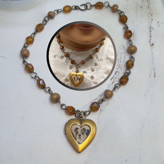 Dog Heart Locket Brown & Crystal Acrylic Beaded Doll Necklace • 18 Inch Fashion Doll Jewelry
