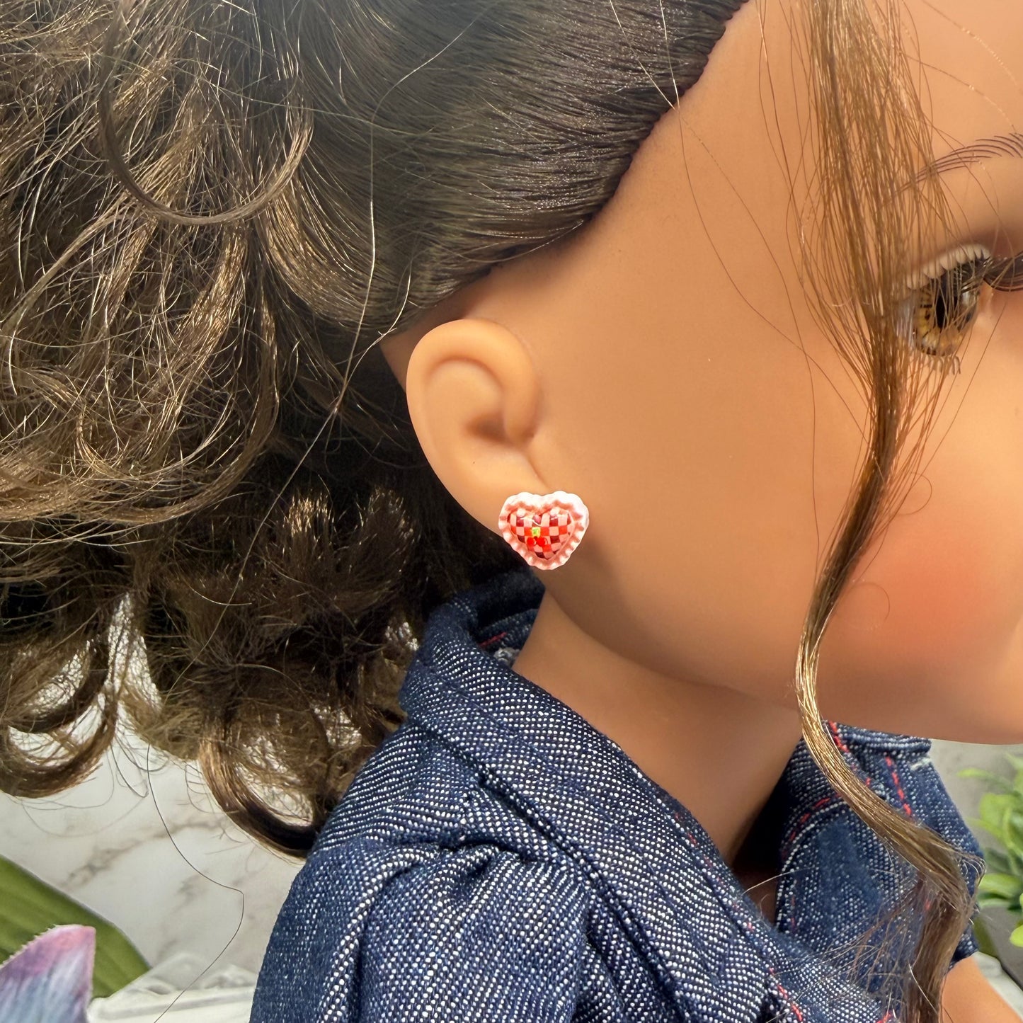 Coral Pink Lattice Design Heart Post Doll Earrings • 18 Inch Fashion Doll Jewelry