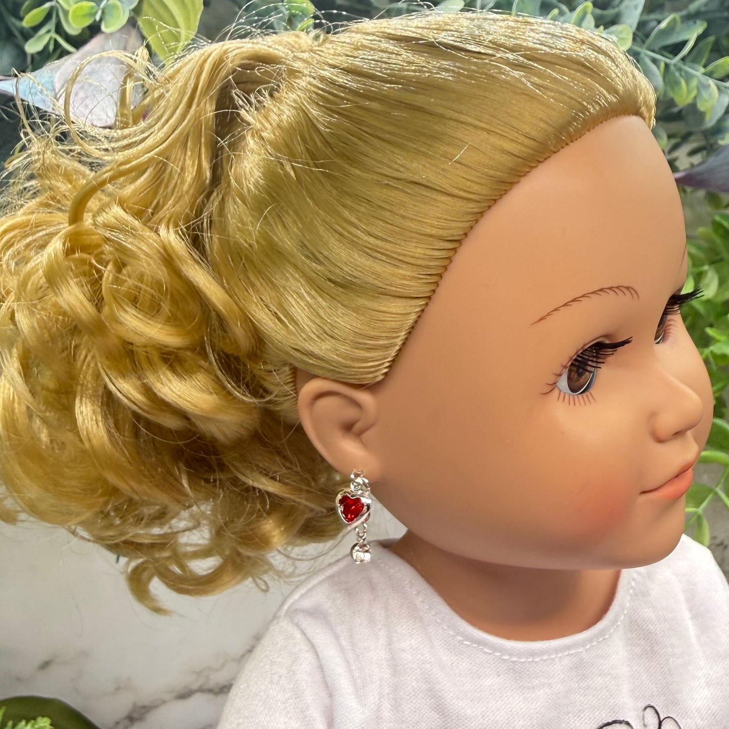Red Heart & Clear Rhinestone Dangle Doll Earrings • 18 Inch Fashion Doll Jewelry