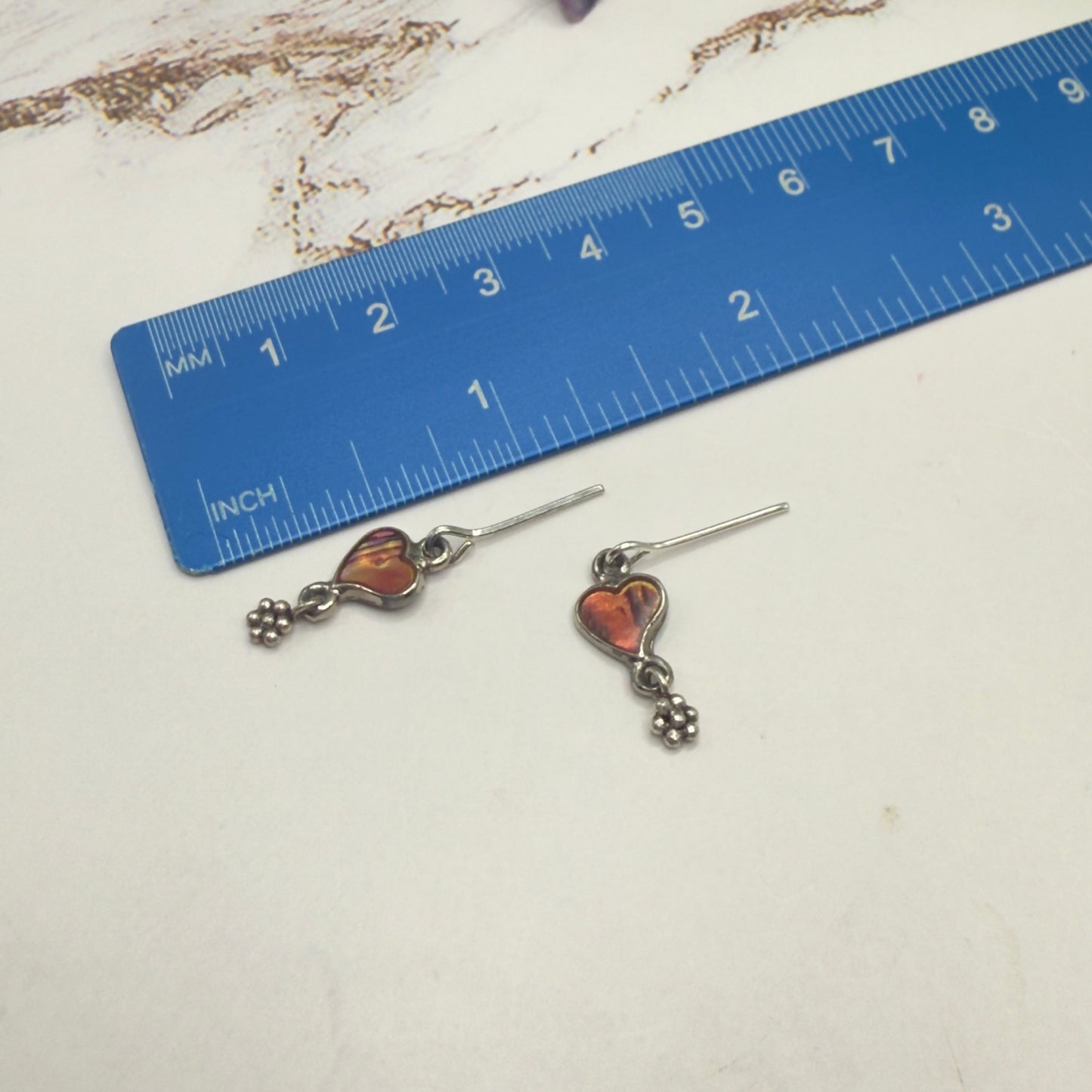 Burgundy Rust Abalone Heart Silver Dangle Doll Earrings • 14 Inch Doll Jewelry