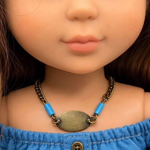 Turquoise Blue Brass Gold Oval Pendant Doll Necklace • 14 inch Fashion Doll