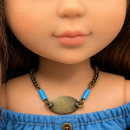 Turquoise Blue Brass Gold Oval Pendant Doll Necklace • 14 inch Fashion Doll
