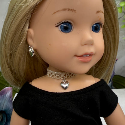 Beige Lace Choker Silver Heart Charm Doll Necklace & Earrings Set • 14 Inch Fashion Doll Jewelry