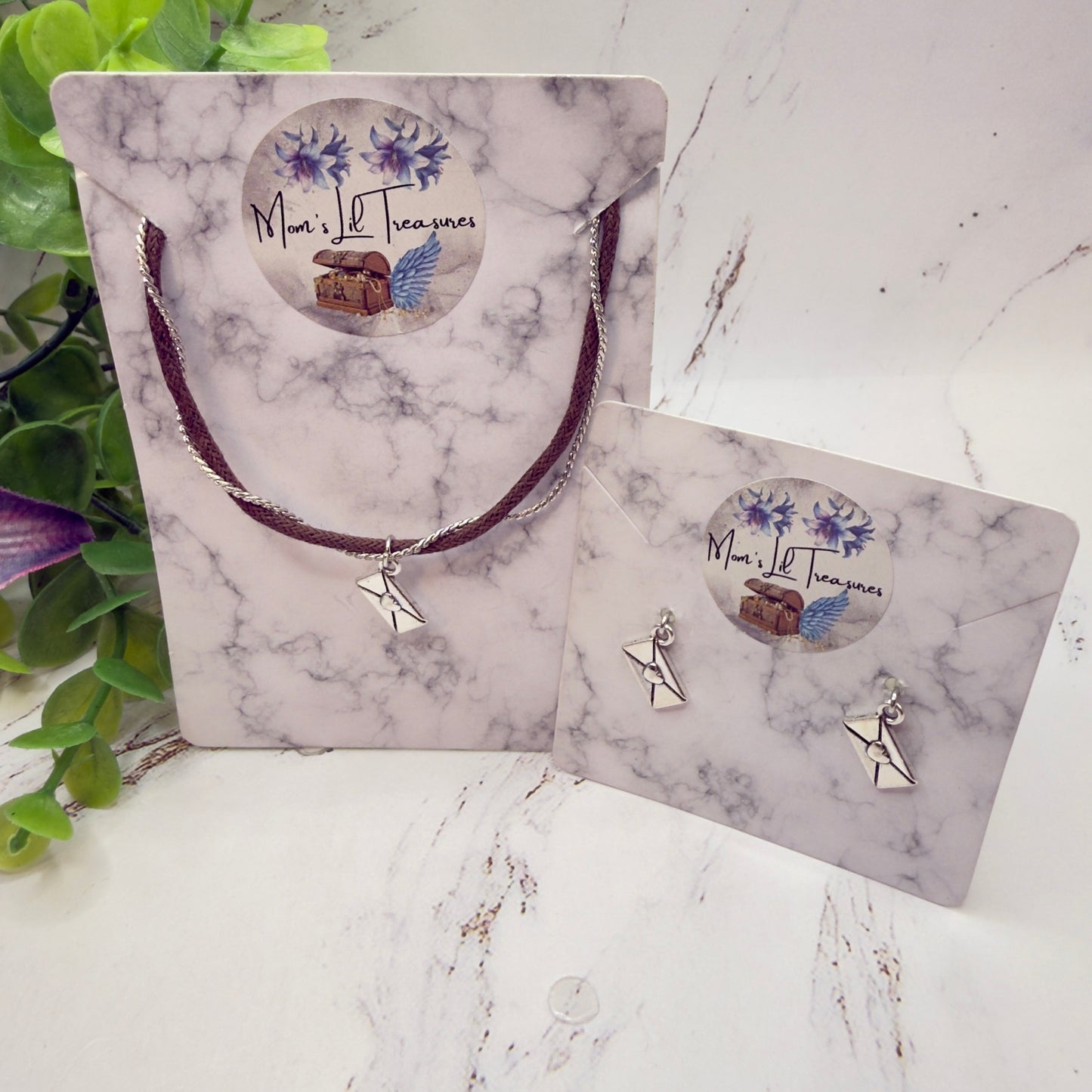 Brown Cord Silver Chain Love Letter Envelope Charm Doll Necklace & Earrings • 18 Inch Fashion Doll Jewelry