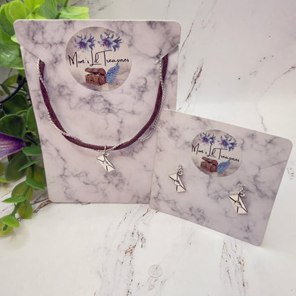 Brown Cord Silver Chain Love Letter Envelope Charm Doll Necklace & Earrings • 18 Inch Fashion Doll Jewelry