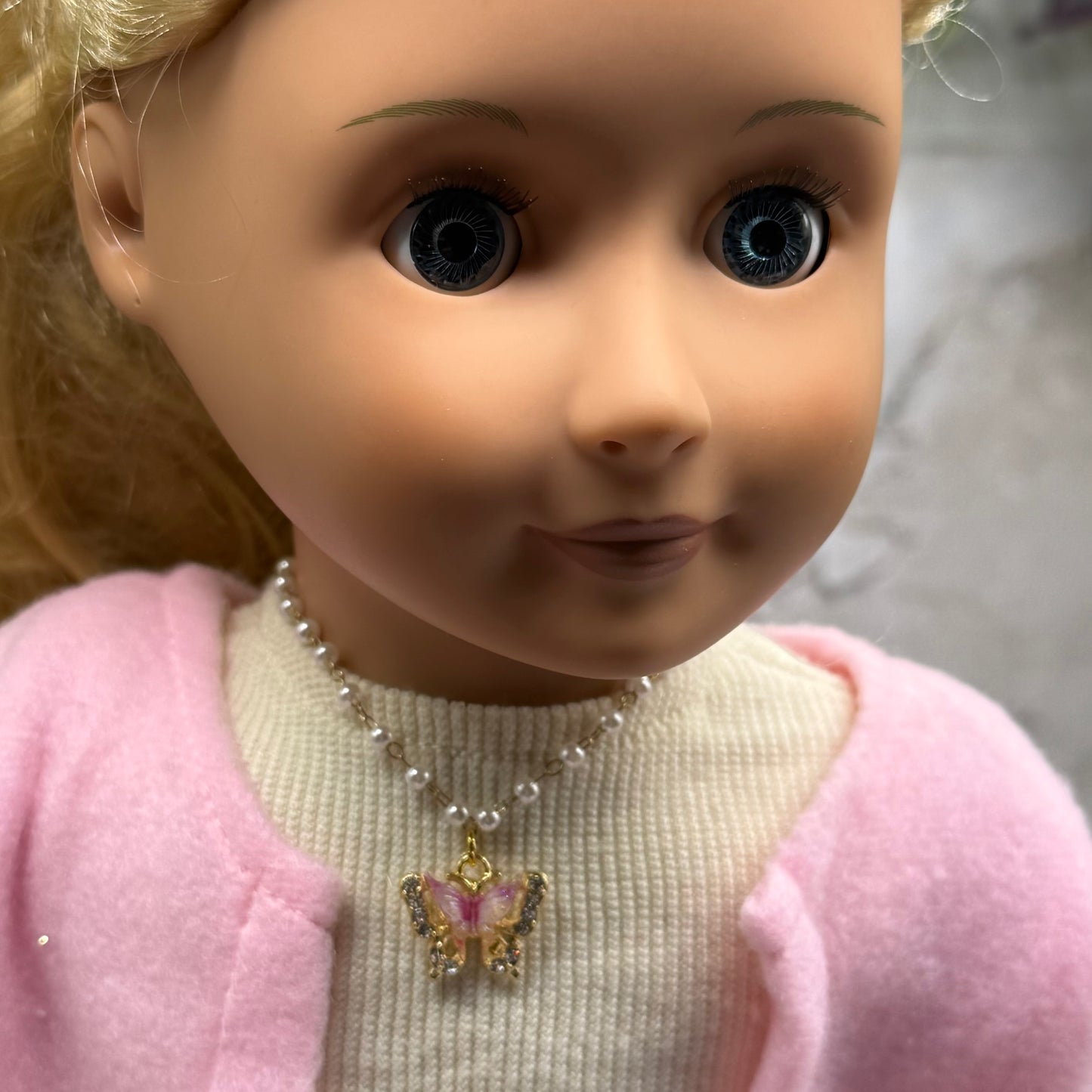 Purple White Butterfly Gold Charm Pearl Beaded Doll Necklace • 18 Inch Fashion Doll Jewelry