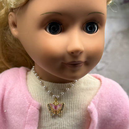 Purple White Butterfly Gold Charm Pearl Beaded Doll Necklace • 18 Inch Fashion Doll Jewelry
