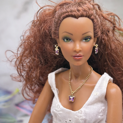 Purple Acrylic Crystal Butterfly Charm Gold Doll Necklace and Earrings for 16 Inch Fashion Dolls