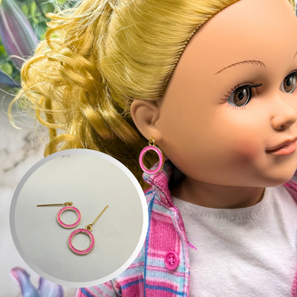 Vibrant Pink Enamel Inlay Gold Hoop Circle Dangle Doll Earrings • 18 Inch Fashion Doll Jewelry