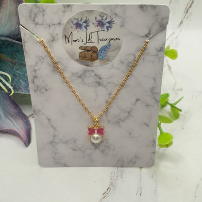 Pink Bow Pearl Charm Pendant Gold Doll Necklace • 18 Inch Fashion Doll Jewelry