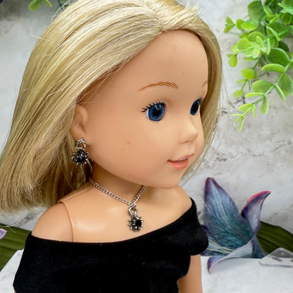 Black Rhinestone Flower Charm Silver Chain Doll Necklace & Earrings Set • 14 Inch Fashion Doll Jewelry