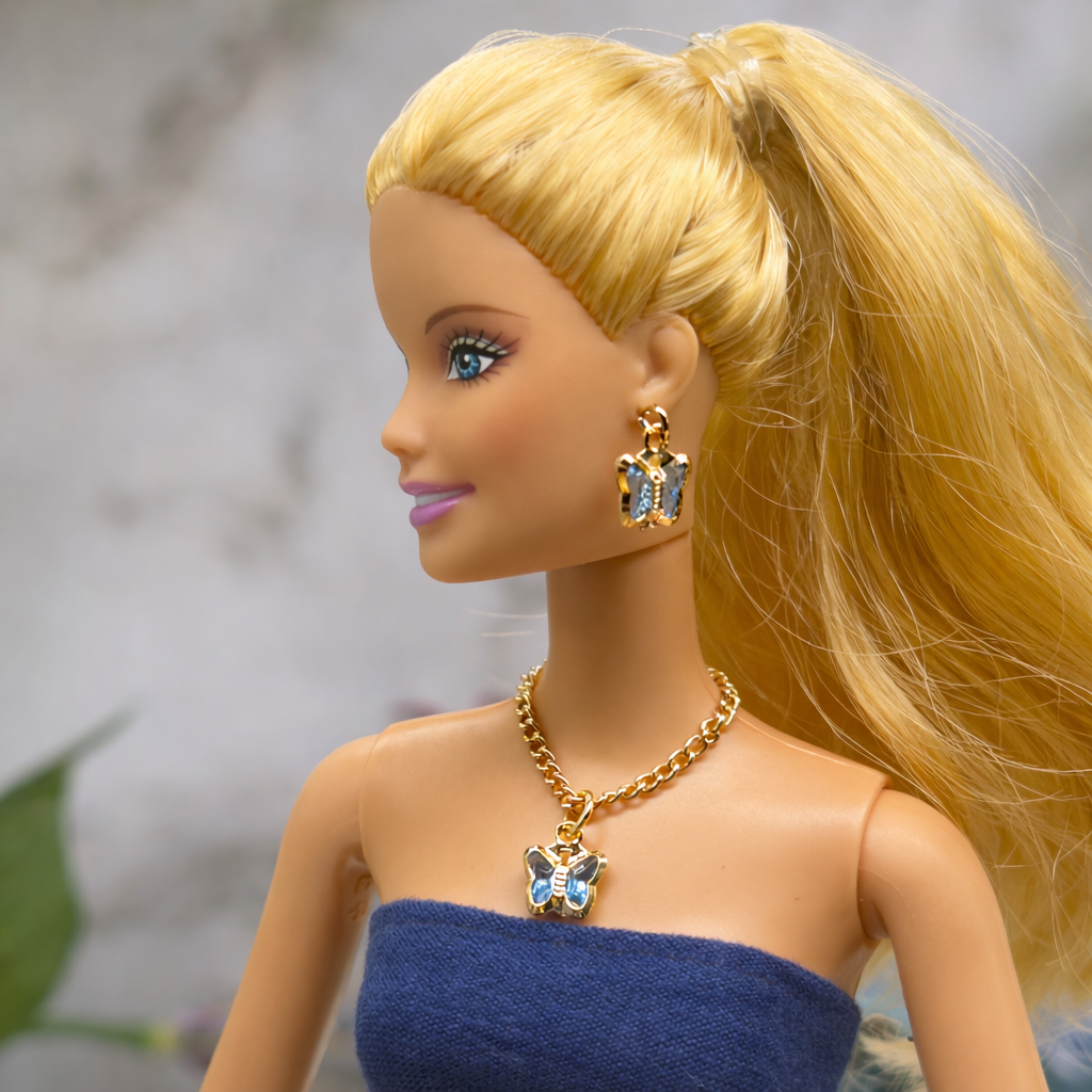 Blue Crystal Butterfly Charm Gold Chain Doll Necklace & Earrings • 10-12 Inch Fashion Doll Jewelry 1:6