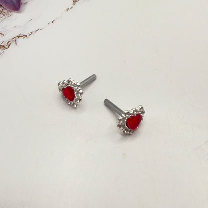 Red Rhinestone Heart Silver Post Doll Earrings • 2mm Post for 18 Inch Fashion Doll