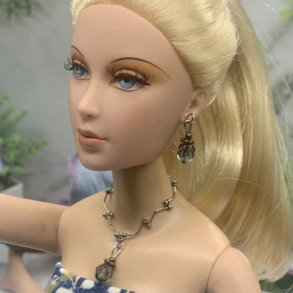 Grayish Green Crystal Silver Chain Doll Necklace Earring Bracelet Set • 16” Doll Jewelry