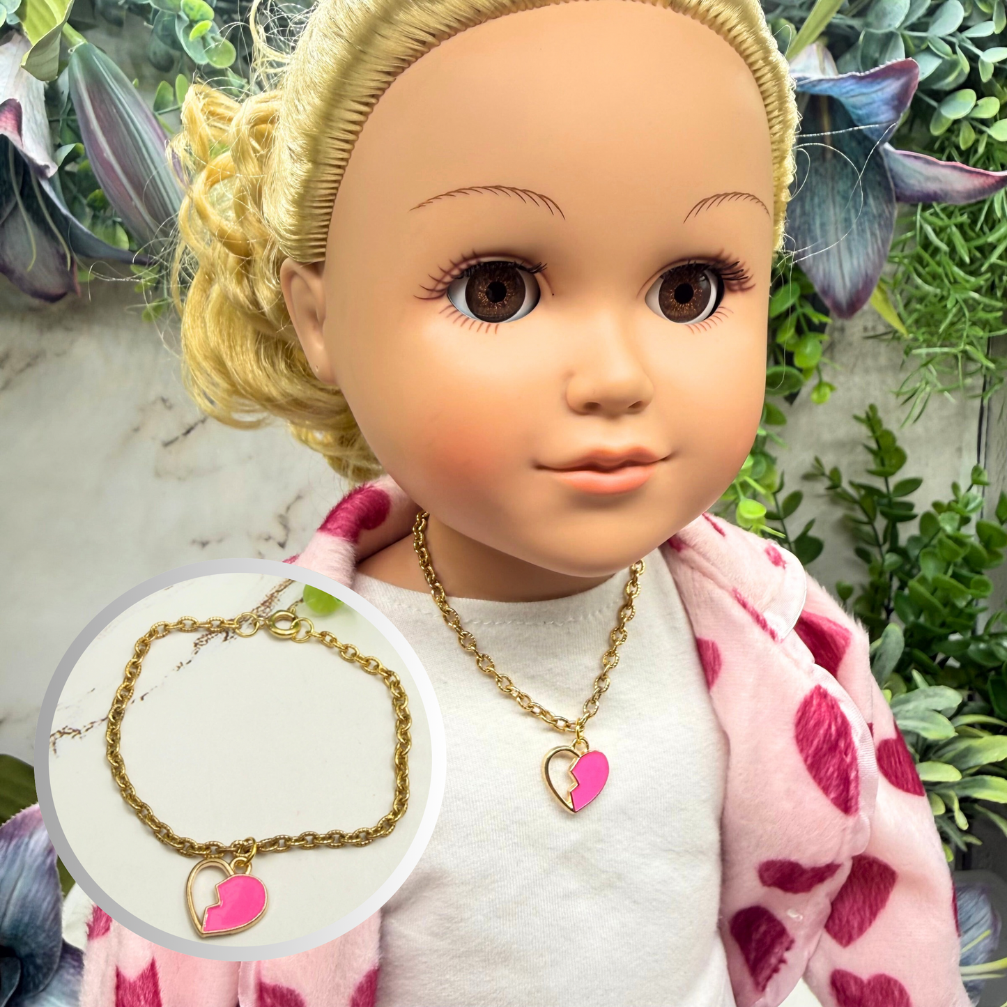 Pink Broken Heart Pendant Gold Chain Doll Necklace • 18 Inch Fashion Doll Jewelry