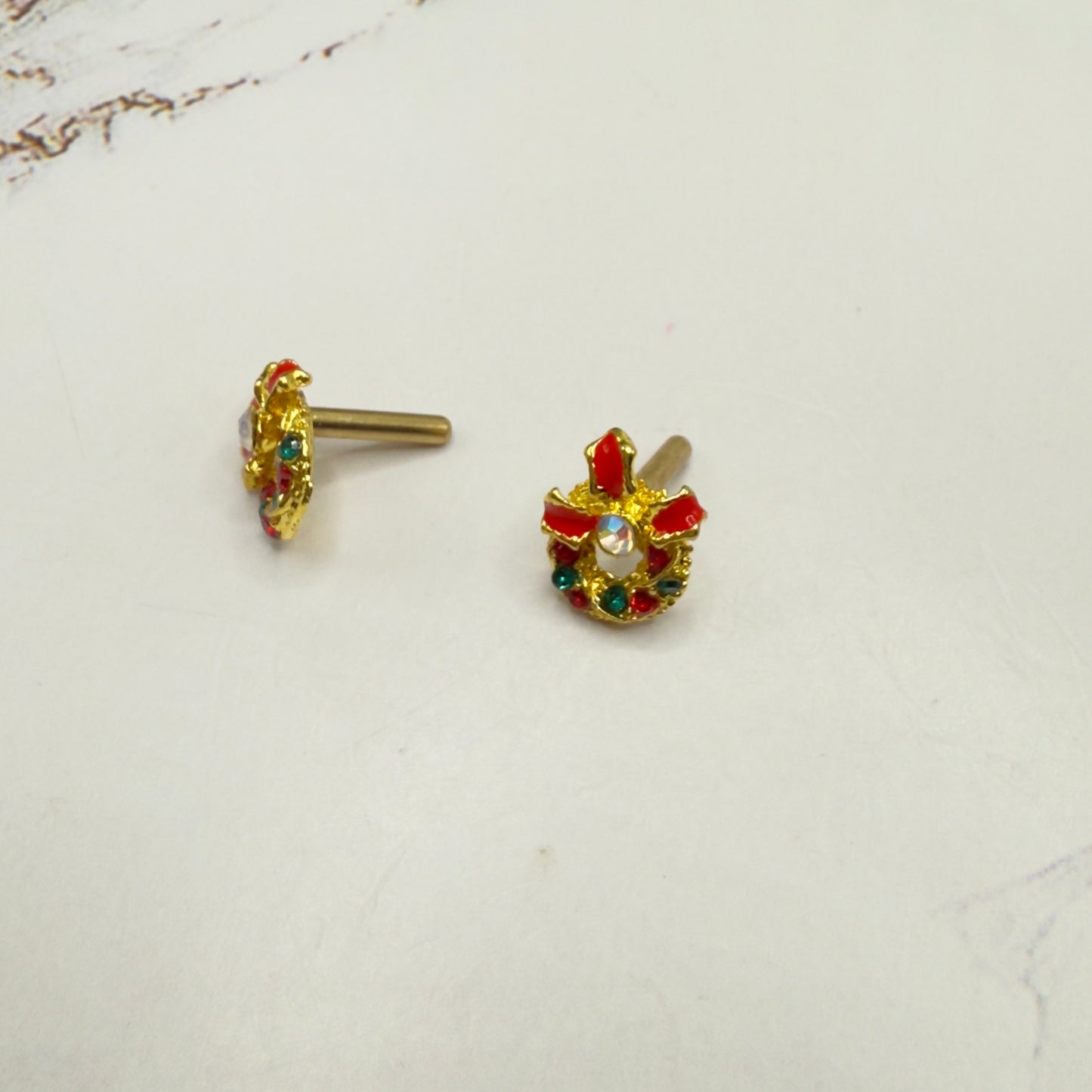 Christmas Wreath Gold Post Doll Earrings • 2mm Post for 18 Inch Fashion Doll