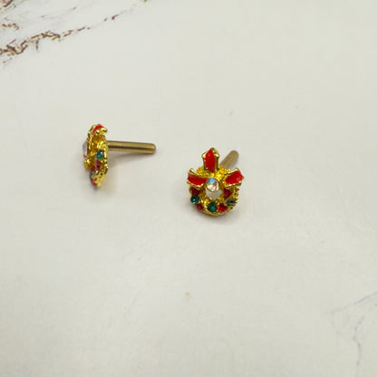 Christmas Wreath Gold Post Doll Earrings • 2mm Post for 18 Inch Fashion Doll
