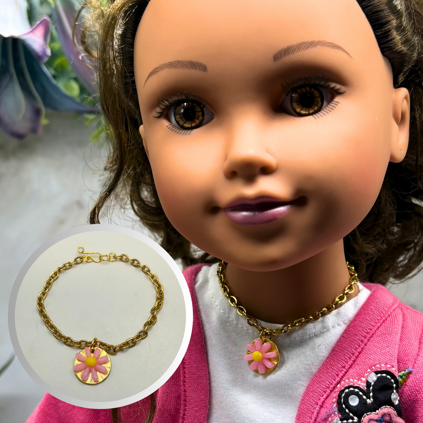 Pink Yellow Daisy Flower Pendant Gold Chain Doll Necklace • 18 Inch Fashion Doll Jewelry