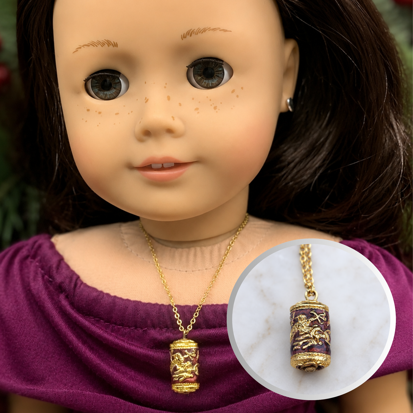 Cloisonne Burgundy Gold Design Pendant Doll Necklace • 18” Fashion Doll Jewelry