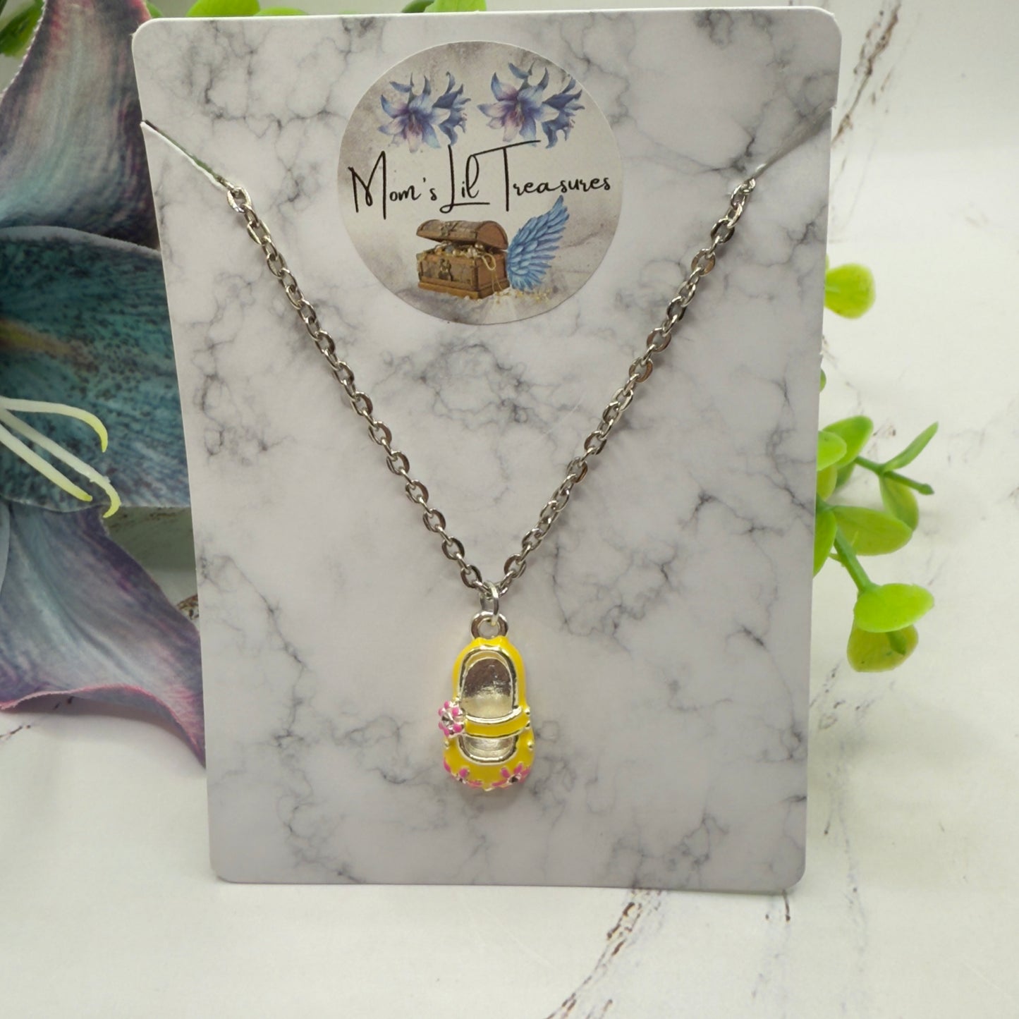 Yellow Marie Jane Shoe Charm w/ Pink Flowers Doll Necklace • 18 Inch Fashion Doll Jewelry