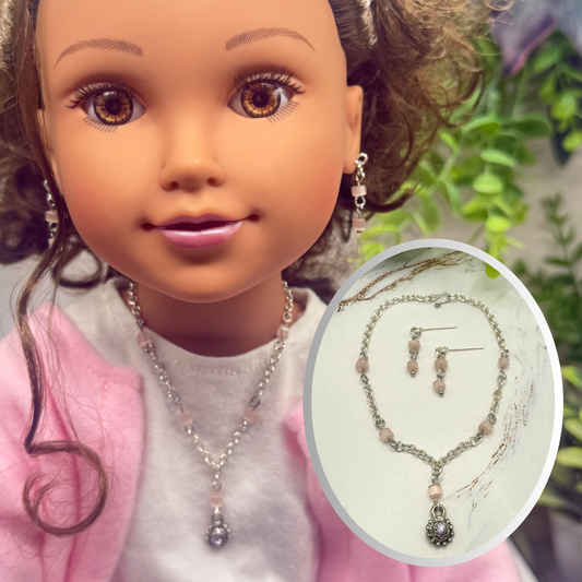 Light Pink Glass Bead Silver Chain Doll Necklace & Earrings • 18 Inch Fashion Doll Jewelry