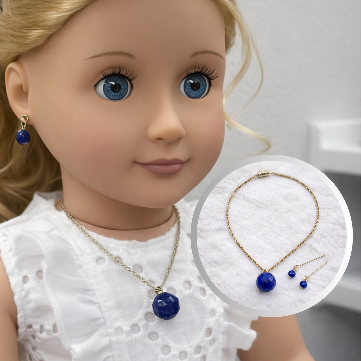 Blue Glass Drop Pendant Doll Necklace Earrings Set • 18 Inch Doll Jewelry