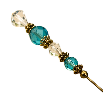 Turquoise Blue & Clear Crystal - Gold Tone Findings- 6” Pin • Hatpin - Stick Pin