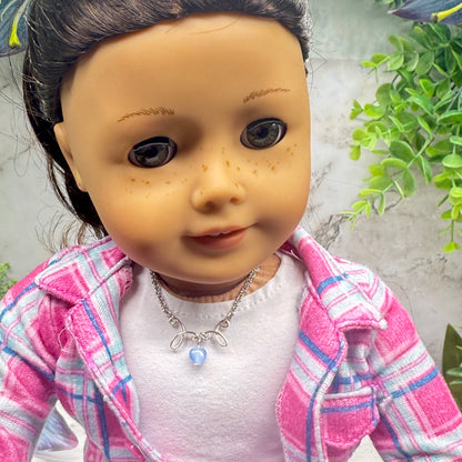 Blue Glass Heart Charm Silver Chain Doll Necklace • 18 Inch Fashion Doll Jewelry