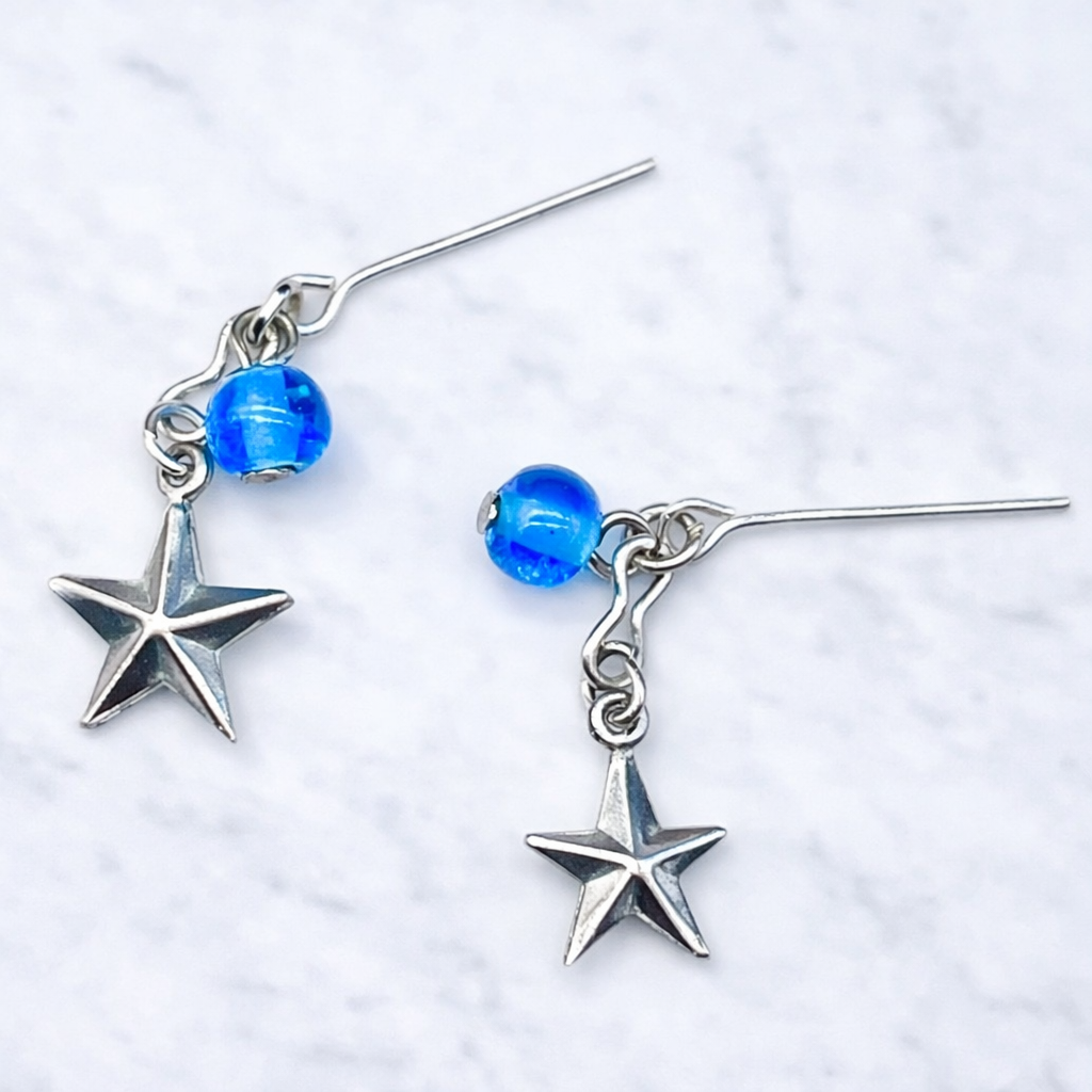 Blue Glass Silver Star Dangle Doll Earrings • 18 Inch Fashion Doll Jewelry