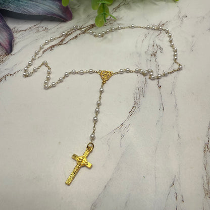 White Pearl Beaded Gold Chain & Crucifix • Doll Size Catholic Rosary for 18-22” Fashion or Vintage Dolls