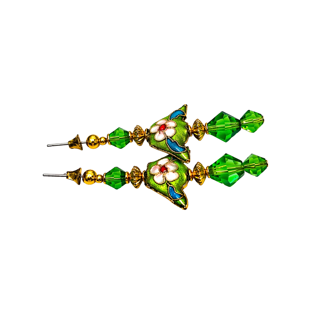 Fashion Green Crystal & Cloisonné Gold Tone Dangle Earrings - Post- Handmade