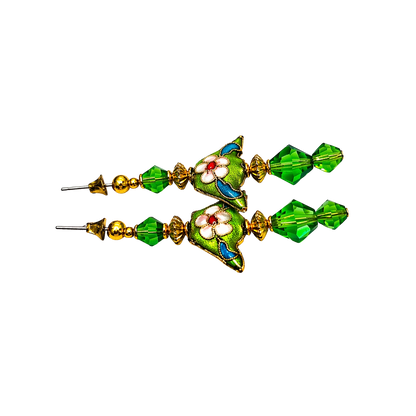 Fashion Green Crystal & Cloisonné Gold Tone Dangle Earrings - Post- Handmade