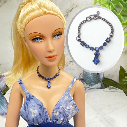 Blue Rhinestone Y-Drop Gunmetal Doll Necklace • 16 Inch Fashion Doll Jewelry