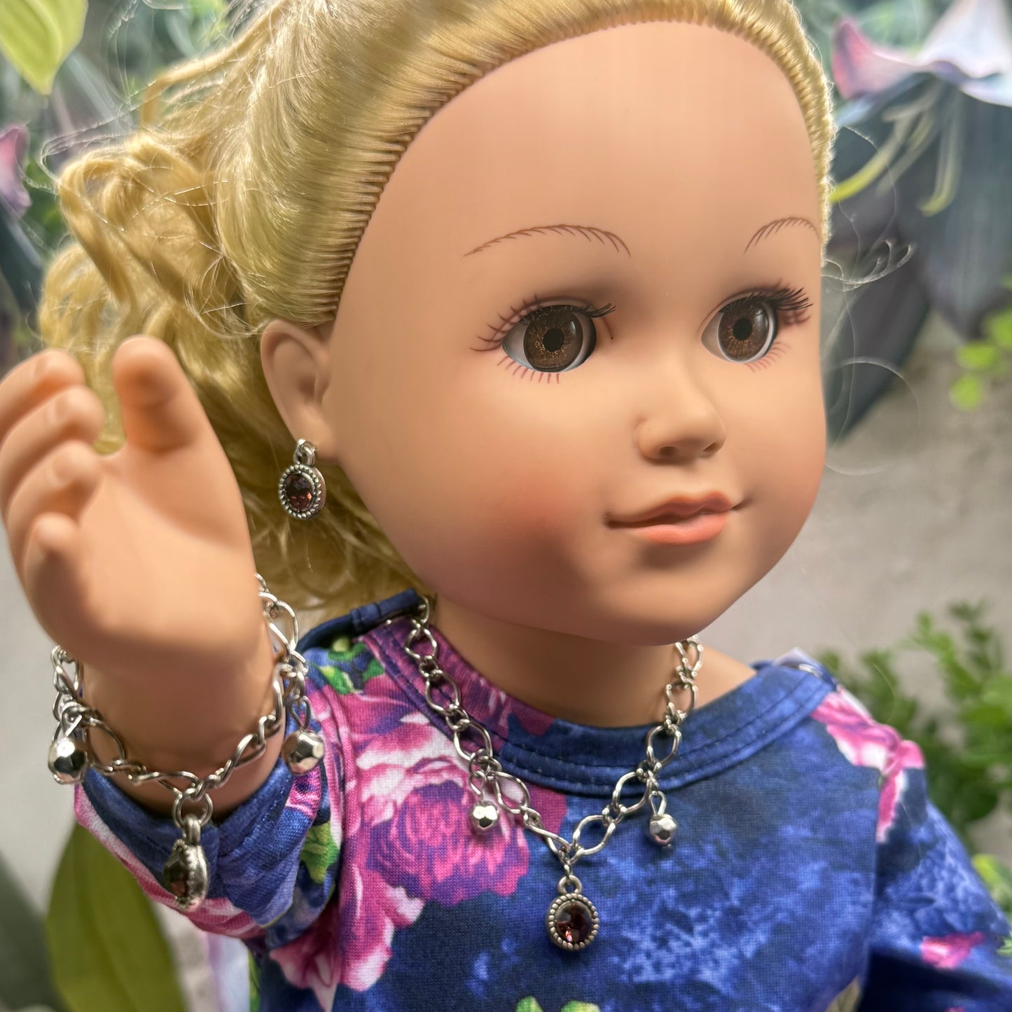 Purple Rhinestone Round Dangle Doll Necklace Bracelet & Earrings Set • 18 Inch Fashion Doll Jewelry