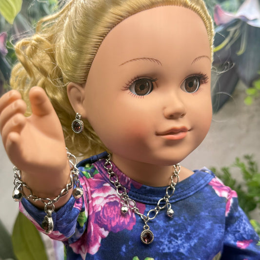 Purple Rhinestone Round Dangle Doll Necklace Bracelet & Earrings Set • 18 Inch Fashion Doll Jewelry