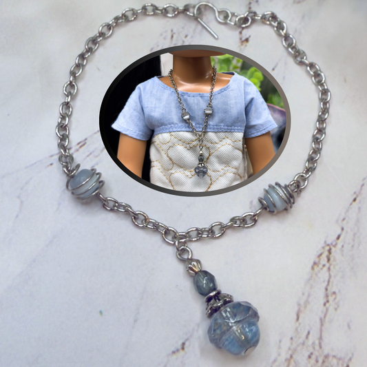 Light Blue Glass Silver Chain Pendant Doll Necklace • 14 Inch Fashion Doll Jewelry
