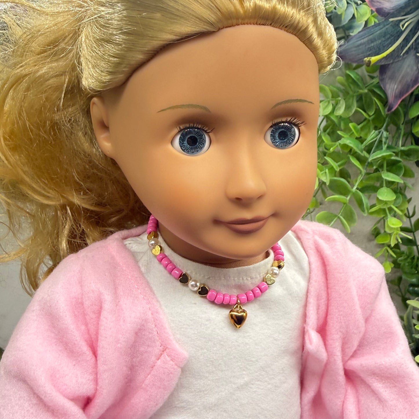 Pink & Pearl Beaded Gold Heart Valentine’s Day Doll Necklace • 18 Inch Fashion Doll Jewelry