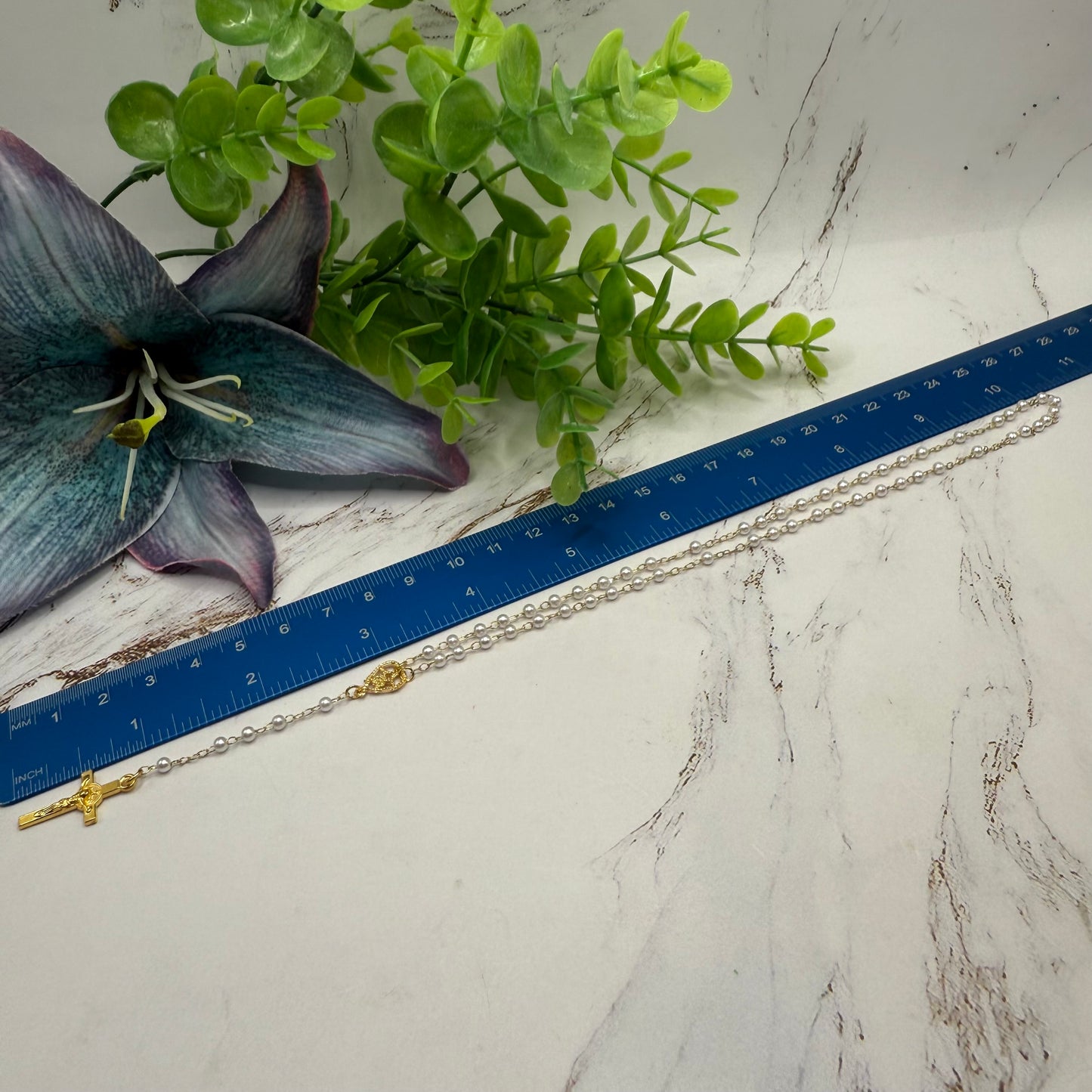 White Pearl Beaded Gold Chain & Crucifix • Doll Size Catholic Rosary for 18-22” Fashion or Vintage Dolls